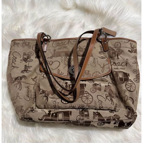 Coach Leah horse & buggy carriage print brown fabric leather straps shoulder bag - Picture 1 of 12